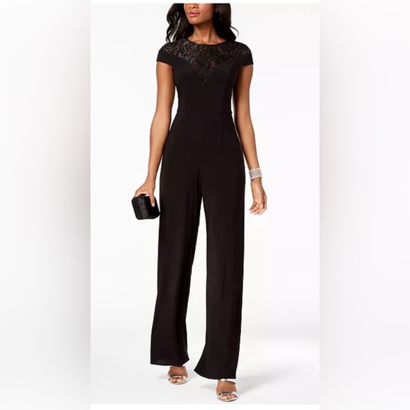 ADRIANNA PAPELL black Sequined embroidery on mesh Jersey Jumpsuit size 14 - Picture 1 of 5